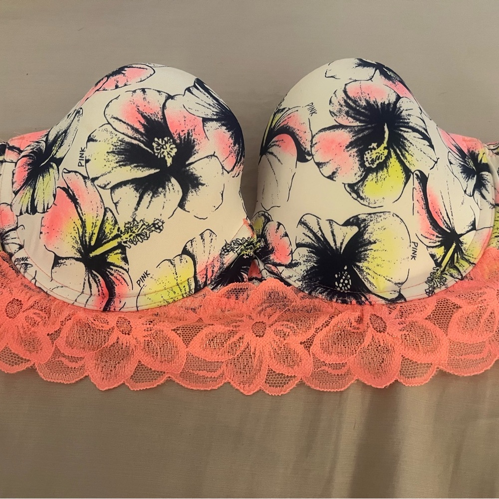 PINK Victoria's Secret Floral Lace Bra - Pink and Yellow